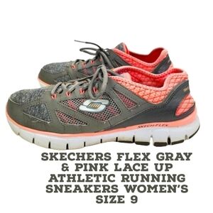 Skechers Flex Gray & Pink Lace Up Athletic Running Sneakers Women’s Size 9
